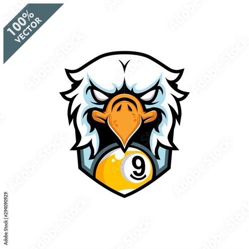 Vector sport logo, eagle head illustration and billiard 9 ball on the shield background. Logo for sport club or team. Vector illustration