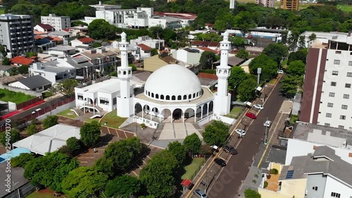 Muslim White Mosque of Omar Ibn Al-Khattab (Foz do Iguacu, Brazil) aerial view