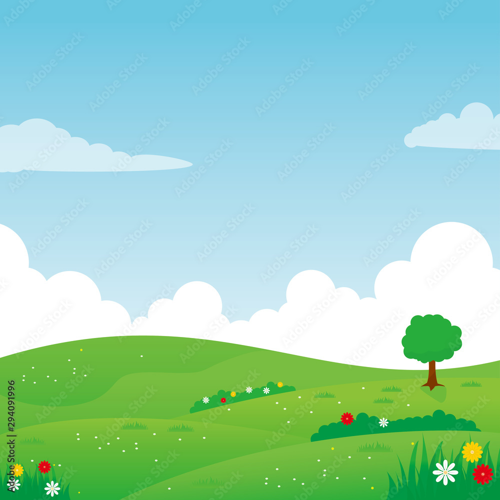 Nature landscape vector illustration, Green meadow vector illustration with some flower and tree