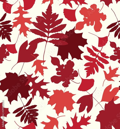 All over seamless repeat pattern with tonal red leaves silhouettes overlapping on an ivory background