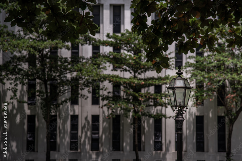 Beautiful street lamp in the foreground, with trees and concrete building in the background. Beautiful street lamp in the foreground, with trees and concrete building in the background.