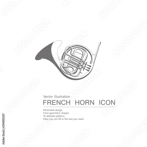  Vector drawn french horn. Isolated on white background.	