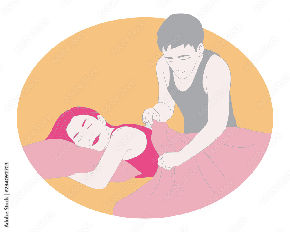 Cute young love couple. Man putting blanket on his girlfriend. vector illustration isolated cartoon hand drawn background Cute young love couple. Man putting blanket on his girlfriend. vector illustration isolated cartoon hand drawn background
