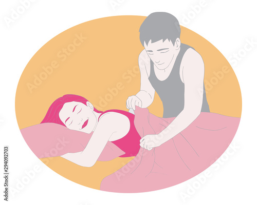 Cute young love couple. Man putting blanket on his girlfriend. vector illustration isolated cartoon hand drawn background