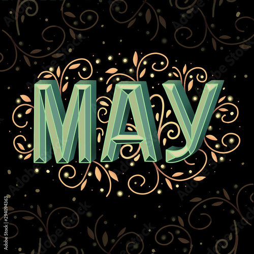 Hand drawn lettering May, volumetric letters, grotesque, in olive tones, illustration for calendars