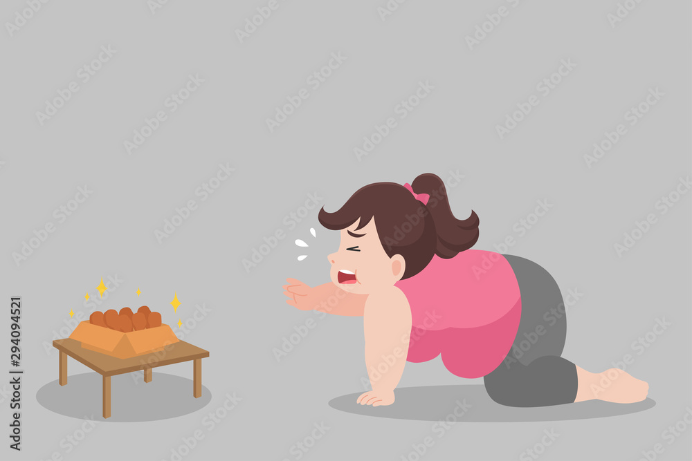 Big Fat woman hungry want to eat Chicken Drumstick,over weight, sad,  afraid, unhappy, starving, big size, diet unhealthy cartoon, lose weight,  Lifestyle healthy Healthcare concept cartoon character. Stock Vector |  Adobe Stock