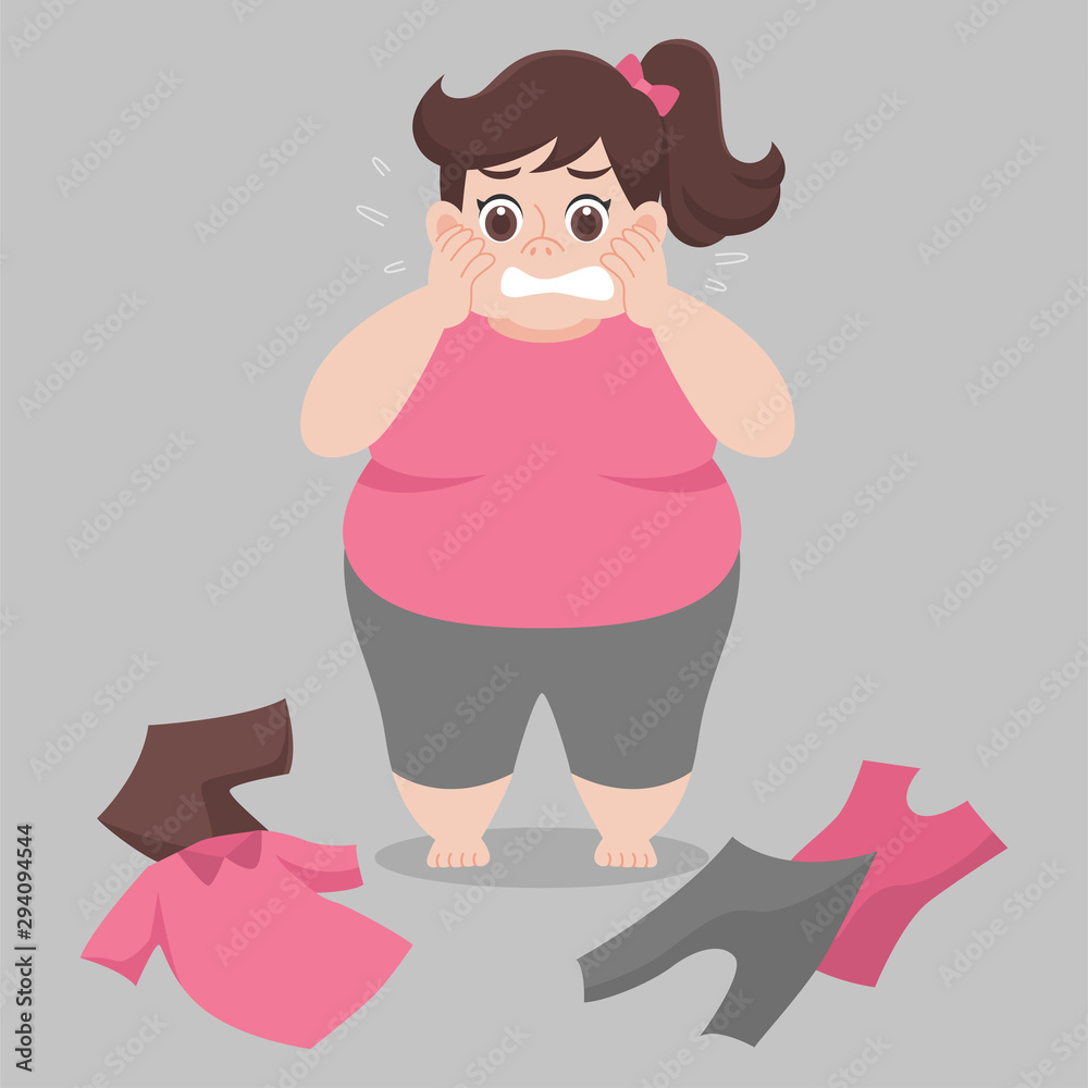 Big Fat woman cannot wearing her clothes because she is too fat,tight, fit,  too small, body over weight, sad, afraid, unhappy, big size, diet cartoon  lose weight, Lifestyle healthy Healthcare concept Stock