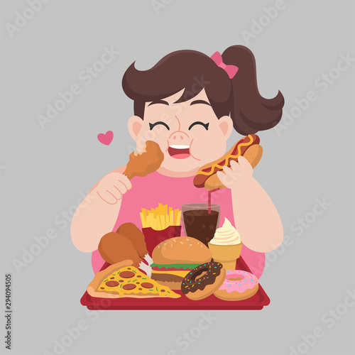 Big Fat Happy woman enjoy eat fast food, junk food, chicken drumstick, pizza, donuts, French fries, Hamburger, ice cream, coca cola, hot dog, unhealthy cartoon, diet lose weight, Healthcare concept