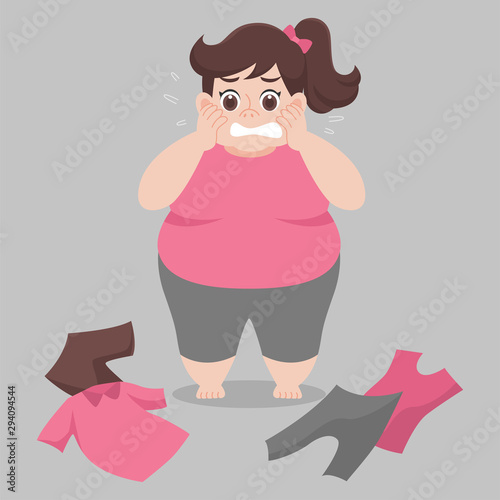 Big Fat woman cannot wearing her clothes because she is too fat,tight, fit, too small, body over weight, sad, afraid, unhappy, big size, diet cartoon lose weight, Lifestyle healthy Healthcare concept