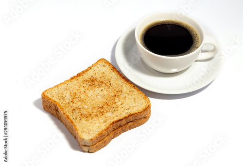 Black coffee in white cup with double toast. isolated on white