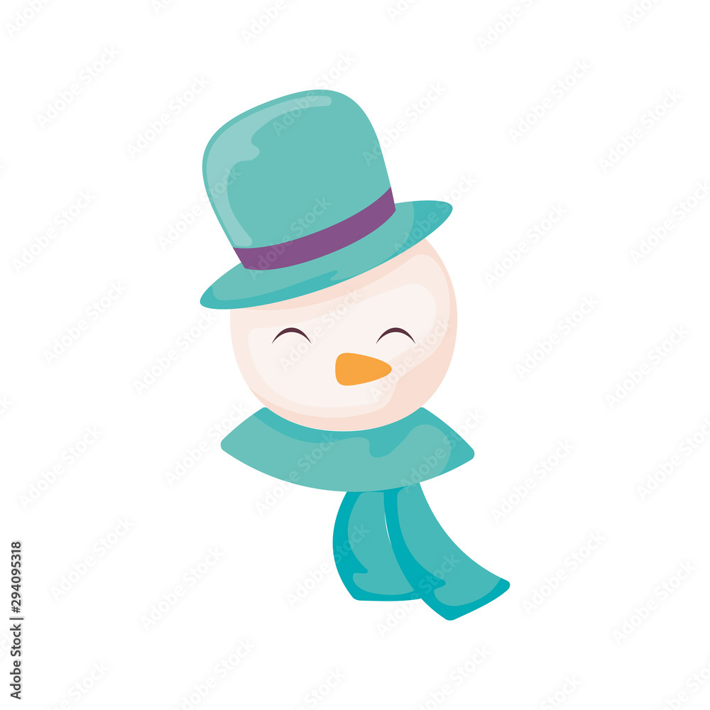 head of snowman with hat and scarf on white background