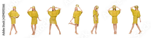 Pretty tall woman in yellow dress isolated on white