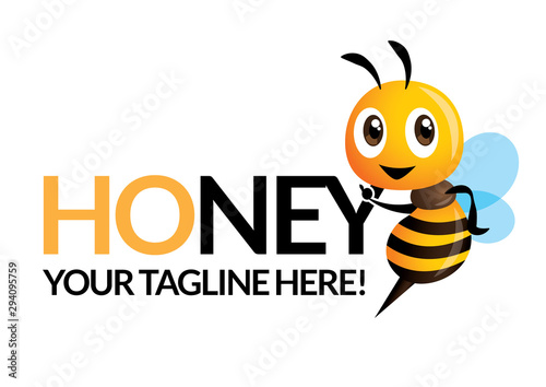 Cartoon cute bee pointing to business name signboard - vector mascot isolated