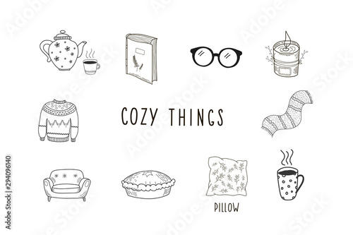 Cozy things. Set of vector hand drawn illustration in doodle style