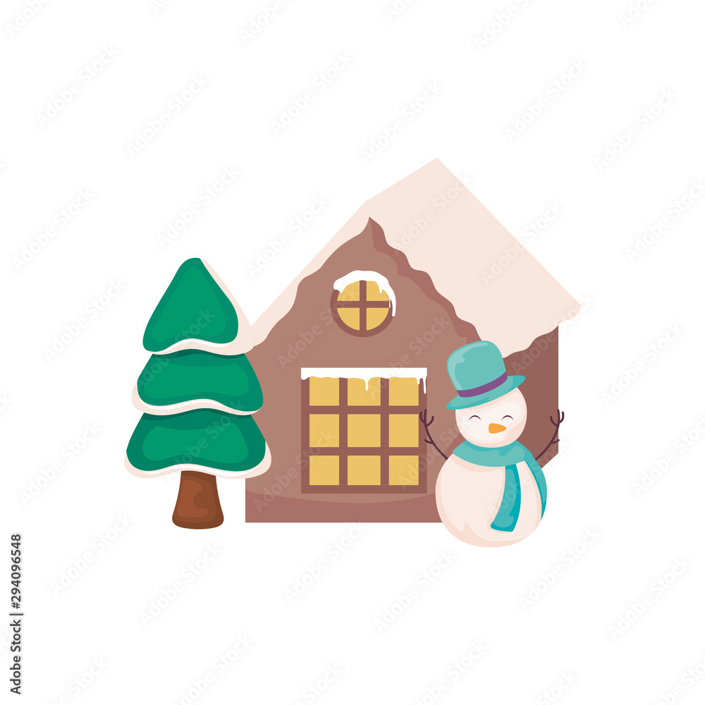 snowman with house and christmas trees on white background
