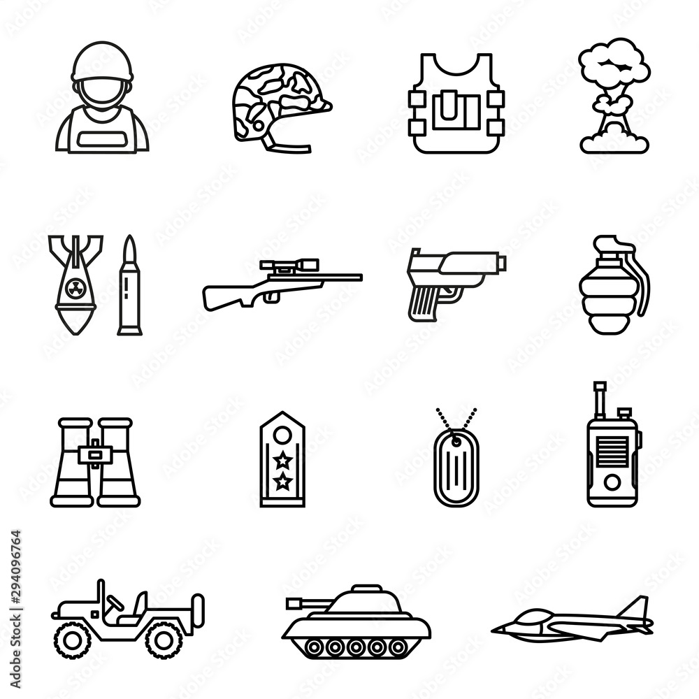 army and military icon set with white background. Thin Line Style stock vector.