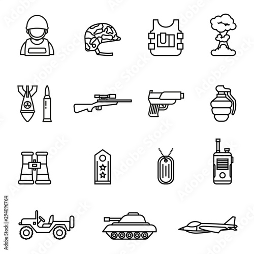 army and military icon set with white background. Thin Line Style stock vector.