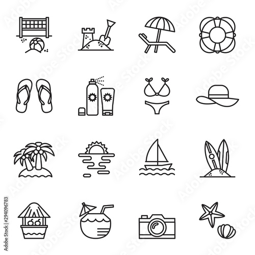 travel and summer beach icon set  with white background. Thin Line Style stock vector.