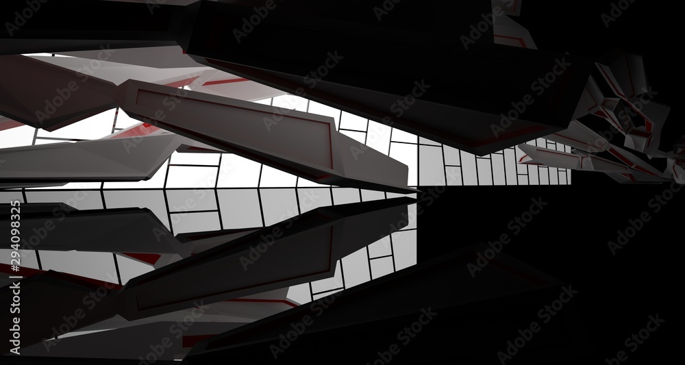 Fototapeta premium Abstract architectural whte, red and black gloss interior of a minimalist house with large windows.. 3D illustration and rendering.