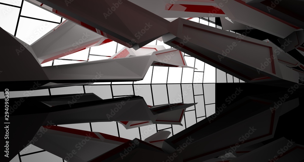 Obraz premium Abstract architectural whte, red and black gloss interior of a minimalist house with large windows.. 3D illustration and rendering.
