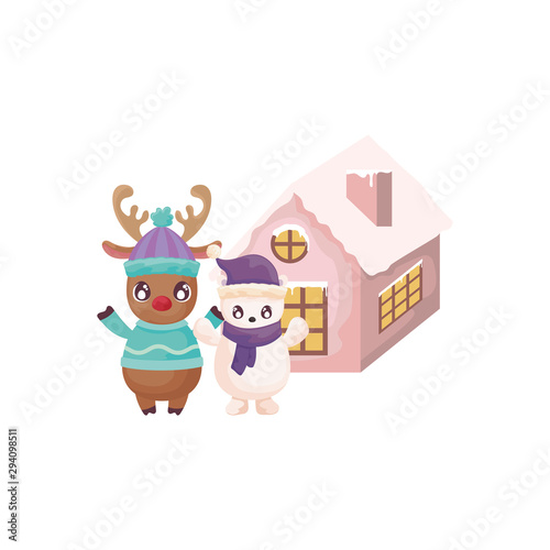 reindeer and polar bear with family house of background