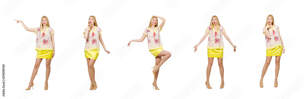 Woman pressing virtual button isolated on white Woman pressing virtual button isolated on white