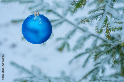  Blue Christmas ball on a snow-covered Christmas tree