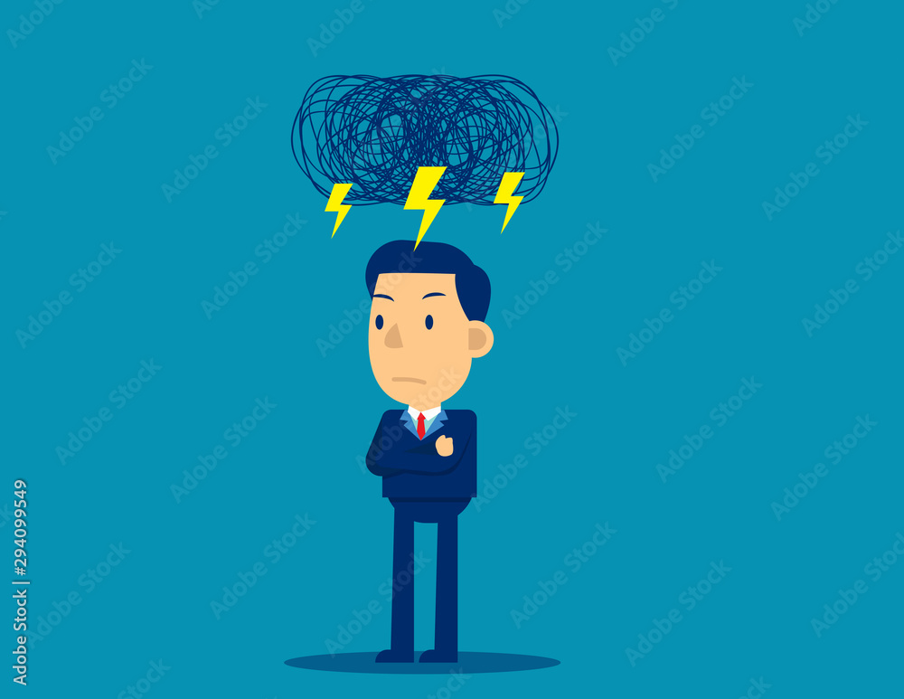 Dark cloud lightning storm on person head. Business problems concept, Cute cartoon vector design Dark cloud lightning storm on person head. Business problems concept, Cute cartoon vector design