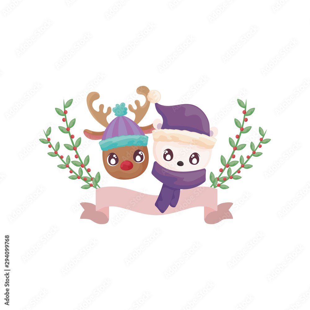 head of reindeer with polar bear on white background