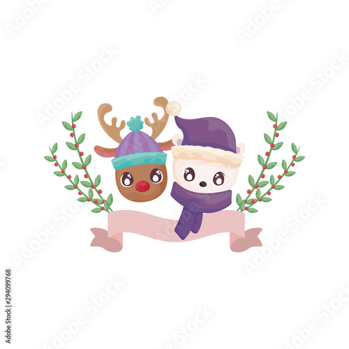 head of reindeer with polar bear on white background