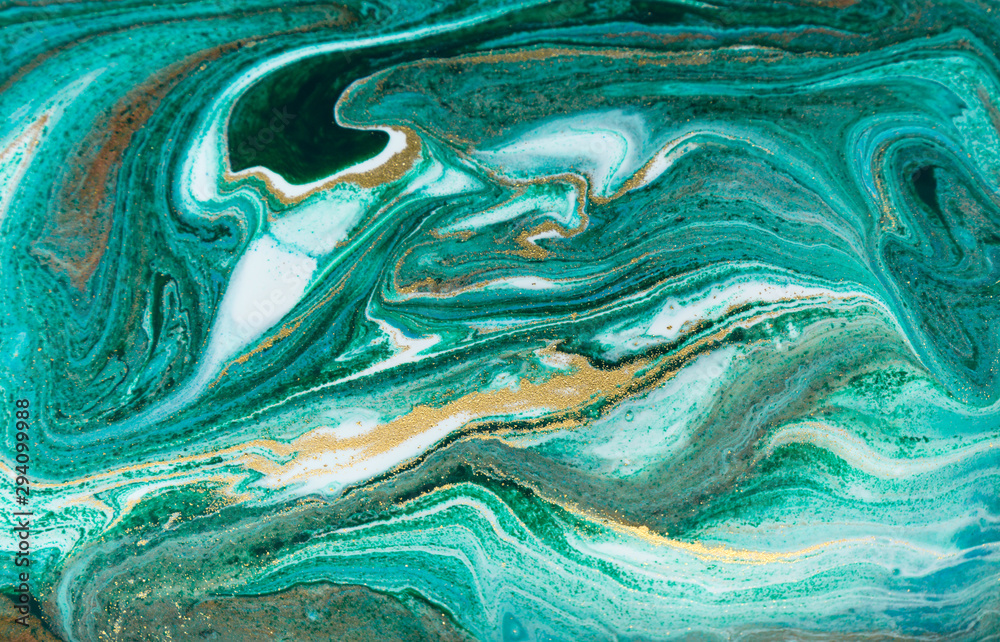 Green and gold ripple of agate background. Golden powder marble texture