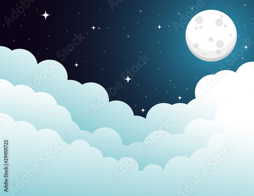 night sky with stars and moon. paper art style.Vector of a crescent moon with stars on a cloudy night sky. Moon and stars background.Vector EPS 10.
