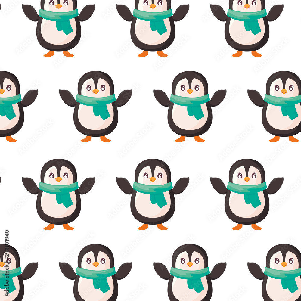 pattern of penguin with scarf on white background