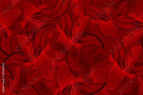 Seamless floral ornament with lilies in black red color.