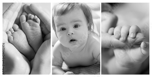 Newborn cute details baby care mom . Black and white photo set of three