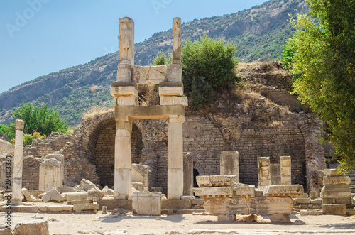 Turkey, Aegean, Izmir. Ruins of ancient Greek city Ephesus (Efes). Columns of white marble, destroyed buildings. Famous open-air museum. Popular tourist location. Selective focus.