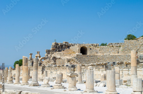 Turkey, Aegean, Izmir. Ruins of ancient Greek city Ephesus (Efes). Columns of white marble, destroyed buildings. Famous open-air museum. Popular tourist location. Selective focus.