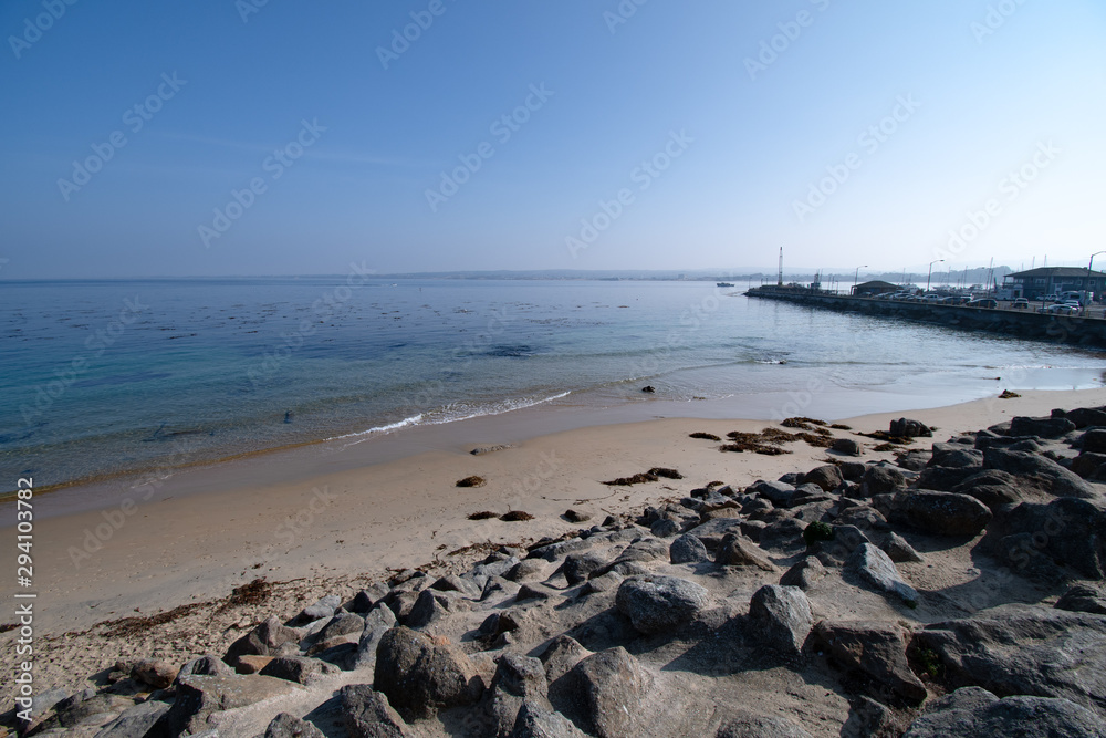 San Carlos Beach, also called Breakwater. A popular beach and shore diving location, The tops of the kelp forest can be seen on the water surface.