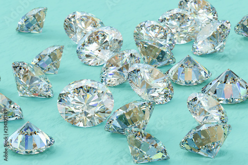 Fototapeta Naklejka Na Ścianę i Meble -  Round cut diamonds scattered on turquoise background