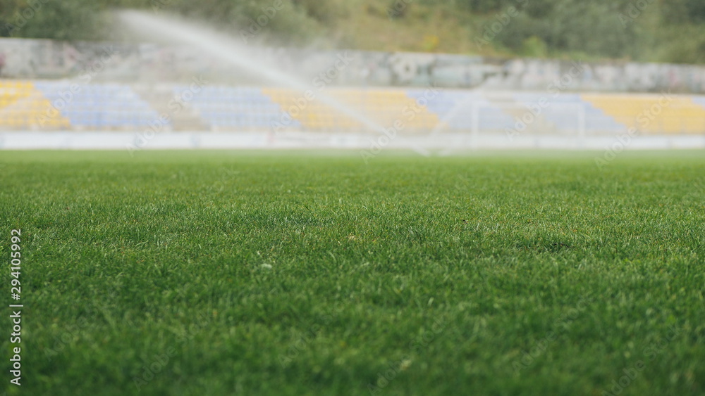 Sprinklers spraying water on the grass in football field, grass in focus, close-up