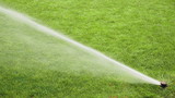 Sprinklers spraying water on the grass in football field, Automatic system working on the fresh green grass on football or soccer stadium