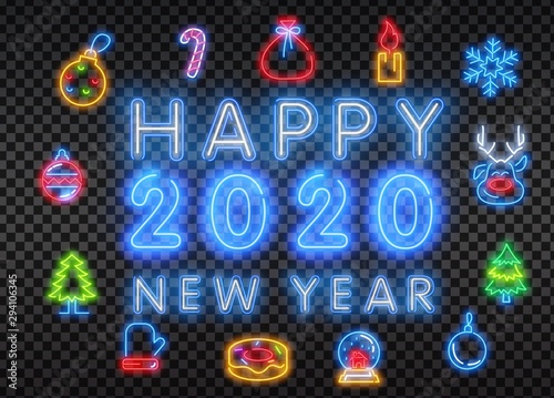 Set of Christmas and New Year icons in a flat style with neon effect. Transparent glow effect. Brick wall background.