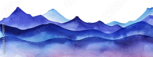 Silhouette of watercolor mountains. Layered Light, violet and bright blue mountain ranges. Decorative border element for page design. Gradient from dark to pale. Hand drawn illustration