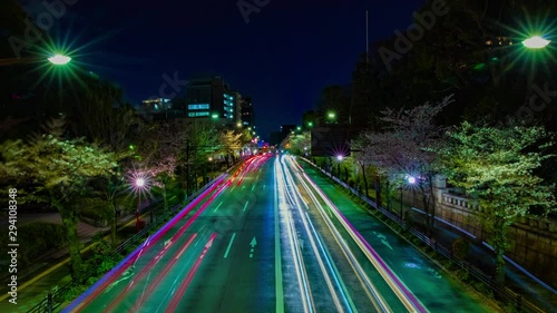 A night timelapse of the cherry street at Yasukuni avenue in Tokyo wide shot tilt photo