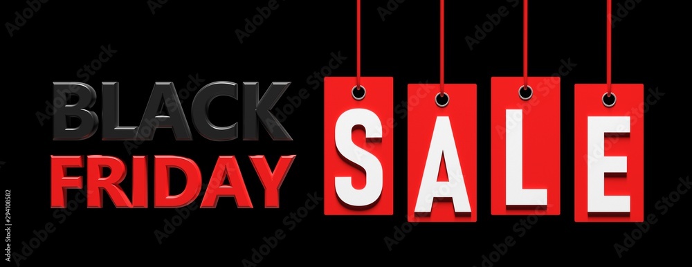Black Friday sale. Text on red price labels hanging on black background. 3d illustration