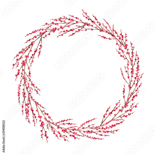 Watercolor berry wreath. Frame of twigs and red berries. Isolated object on a white background.
