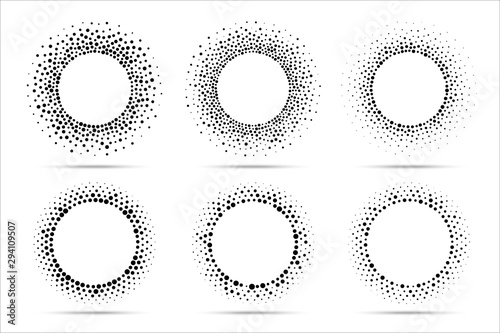 Halftone vector circular dotted frames set. Circle dots isolated on the white background. Logo design element for medical, treatment, cosmetic. Round border using halftone circle dots texture.