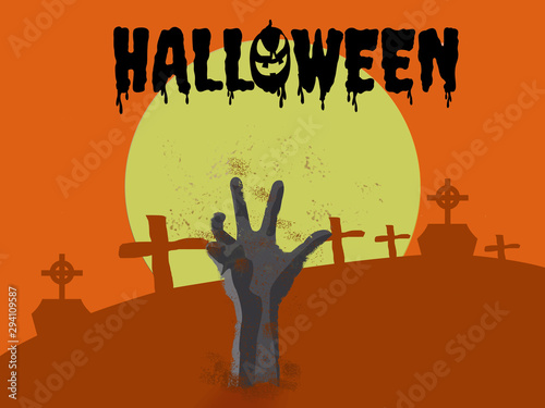 The halloween day. A ghost hand appears from the grave  under the moonlight in the halloween night