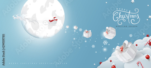 Winter christmas composition in paper cut style.Merry Christmas text Calligraphic Lettering and Santa Claus on the sky Vector illustration.