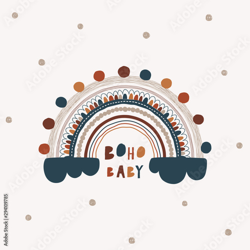 Boho baby handwritten vector lettering. Doodle geometric shapes rainbow and text. Boho decorative uneven lines, circles, zigzag, multicolor triangles and calligraphic phrase inscription